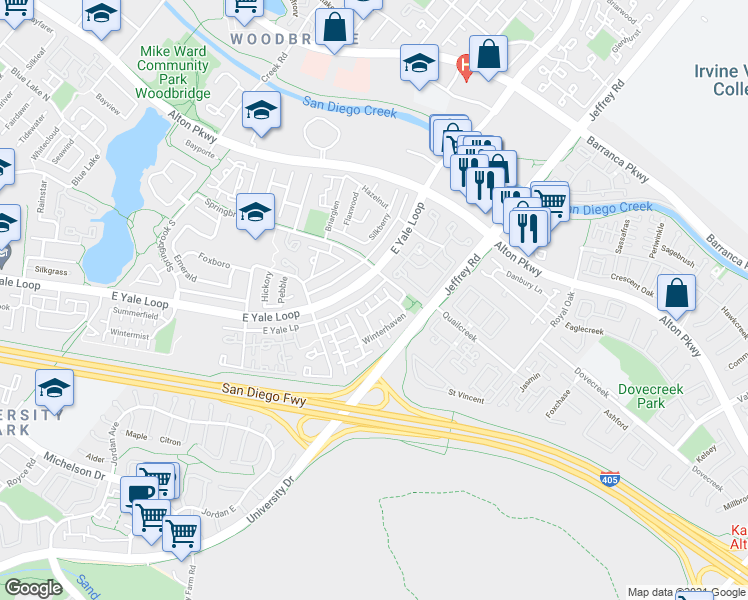 map of restaurants, bars, coffee shops, grocery stores, and more near 40 Amberleaf in Irvine