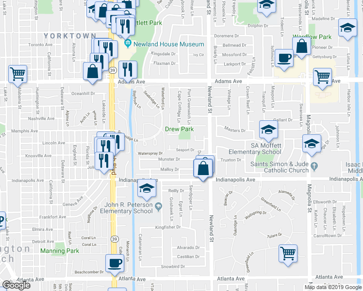 map of restaurants, bars, coffee shops, grocery stores, and more near 20312 Beam Circle in Huntington Beach