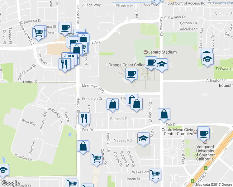 map of restaurants, bars, coffee shops, grocery stores, and more near 328 Hanover Drive in Costa Mesa