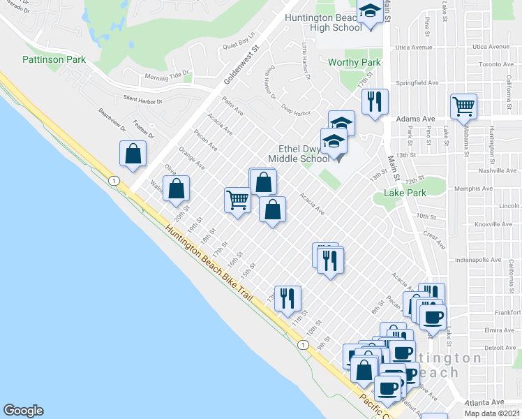 map of restaurants, bars, coffee shops, grocery stores, and more near 402 17th Street in Huntington Beach
