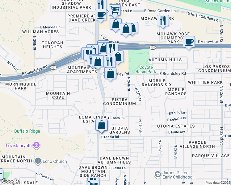map of restaurants, bars, coffee shops, grocery stores, and more near 2500 East Marco Polo Road in Phoenix