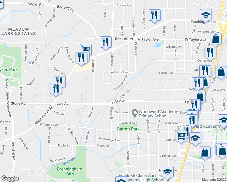 map of restaurants, bars, coffee shops, grocery stores, and more near 3226 Cloverhurst Drive in East Point