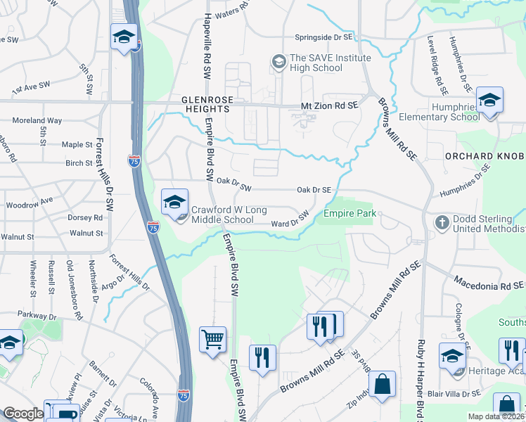 map of restaurants, bars, coffee shops, grocery stores, and more near 111 Ruzelle Drive Southeast in Atlanta