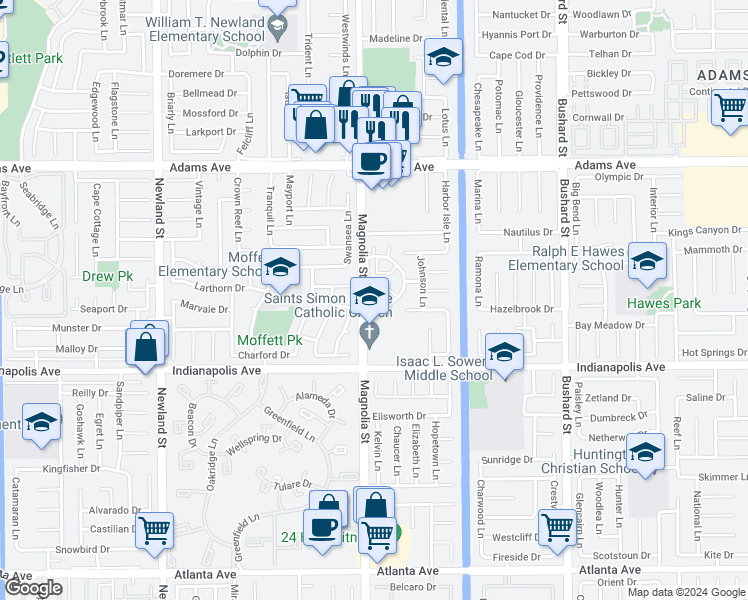 map of restaurants, bars, coffee shops, grocery stores, and more near 20332 Magnolia Street in Huntington Beach