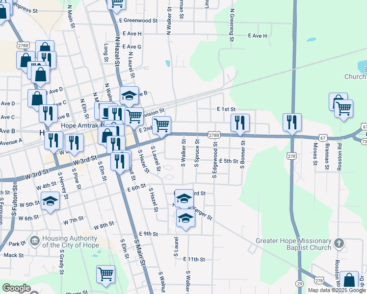 map of restaurants, bars, coffee shops, grocery stores, and more near 601 East 4th Street in Hope