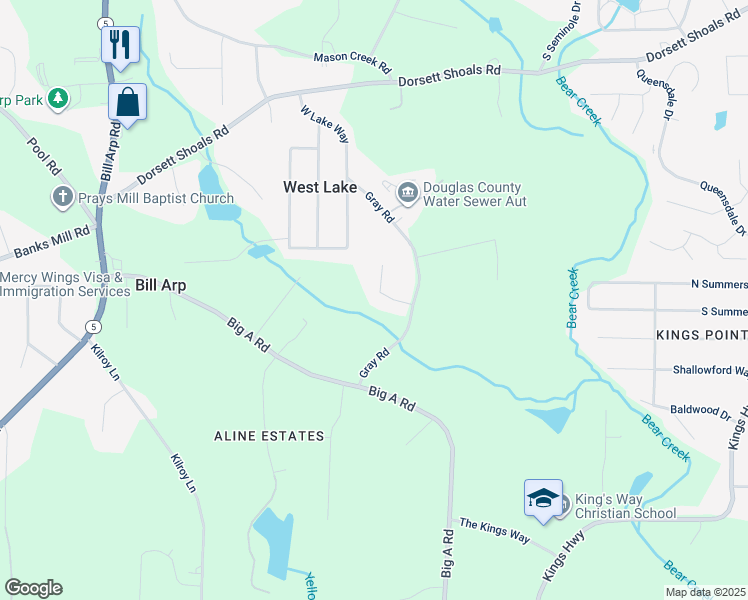 map of restaurants, bars, coffee shops, grocery stores, and more near 6645 Crest Wood Lane in Douglasville