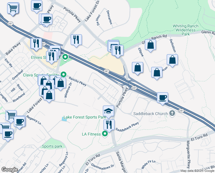 map of restaurants, bars, coffee shops, grocery stores, and more near 5 Zion Drive in Lake Forest