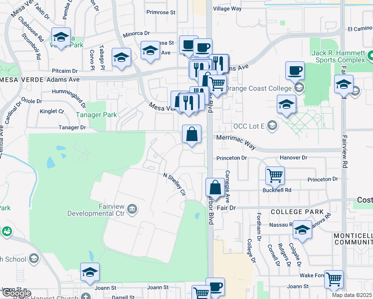 map of restaurants, bars, coffee shops, grocery stores, and more near 2553 Anacapa Drive in Costa Mesa