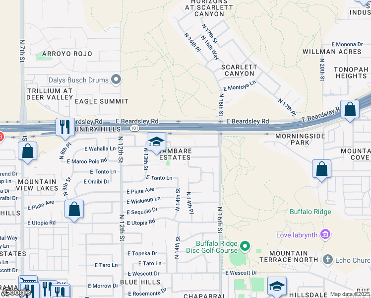 map of restaurants, bars, coffee shops, grocery stores, and more near 19844 North 14th Place in Phoenix