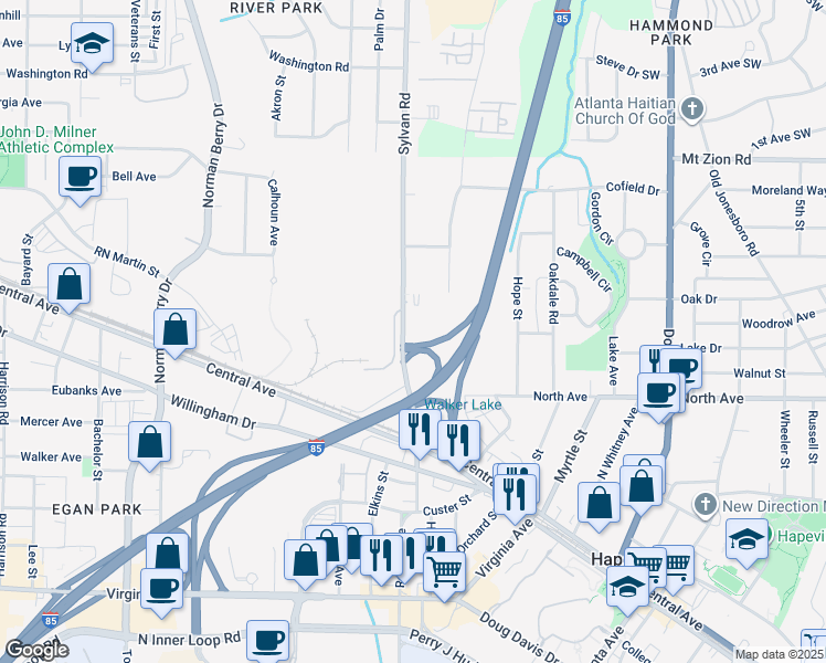 map of restaurants, bars, coffee shops, grocery stores, and more near 3120 Sylvan Road in Hapeville