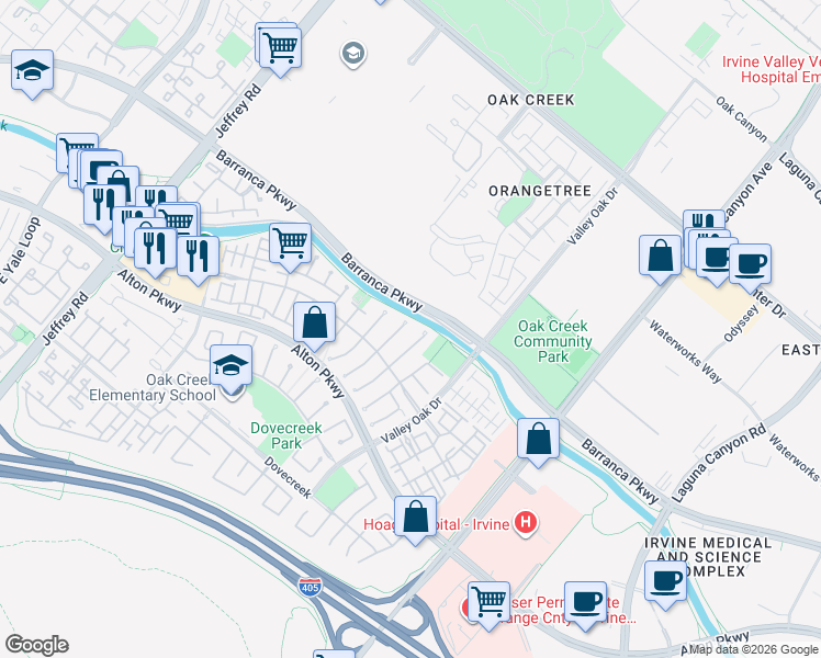 map of restaurants, bars, coffee shops, grocery stores, and more near 6 Preston in Irvine