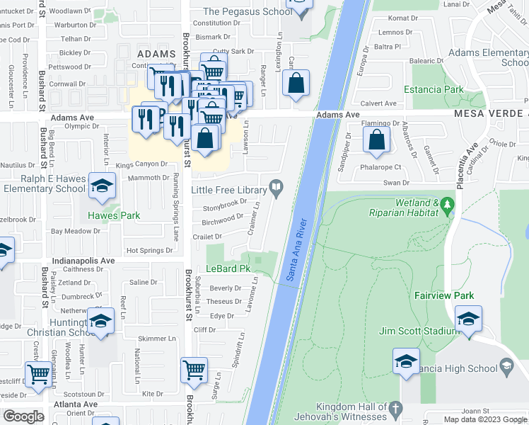 map of restaurants, bars, coffee shops, grocery stores, and more near 20342 Craimer Lane in Huntington Beach