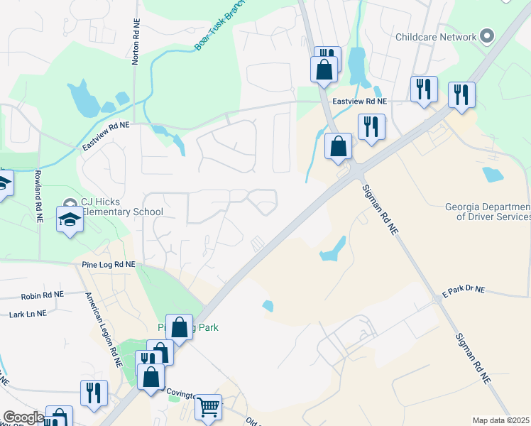 map of restaurants, bars, coffee shops, grocery stores, and more near 2111 Belmont Circle Northeast in Conyers