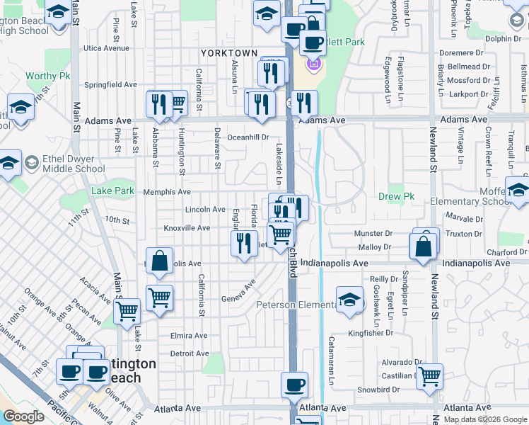 map of restaurants, bars, coffee shops, grocery stores, and more near 1142 Pacific Cove Lane in Huntington Beach