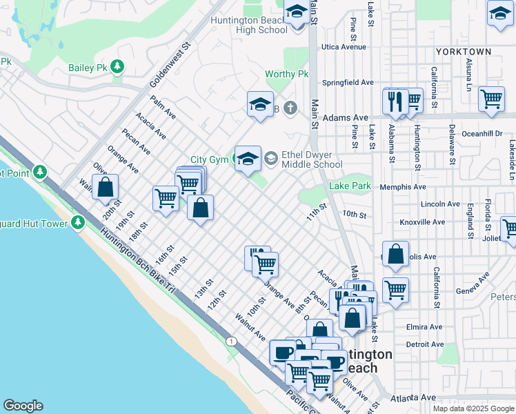 map of restaurants, bars, coffee shops, grocery stores, and more near 610 14th Street in Huntington Beach