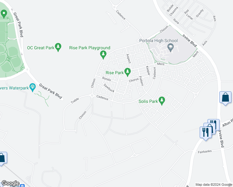 map of restaurants, bars, coffee shops, grocery stores, and more near 188 Merit in Irvine