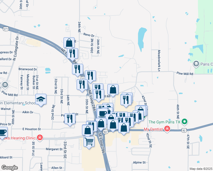 map of restaurants, bars, coffee shops, grocery stores, and more near 3730 Castlegate Drive in Paris