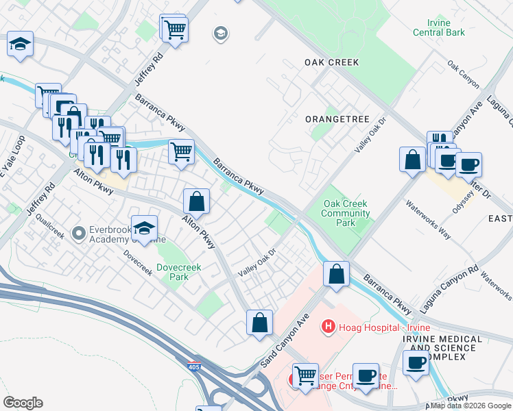 map of restaurants, bars, coffee shops, grocery stores, and more near 6 Preston in Irvine