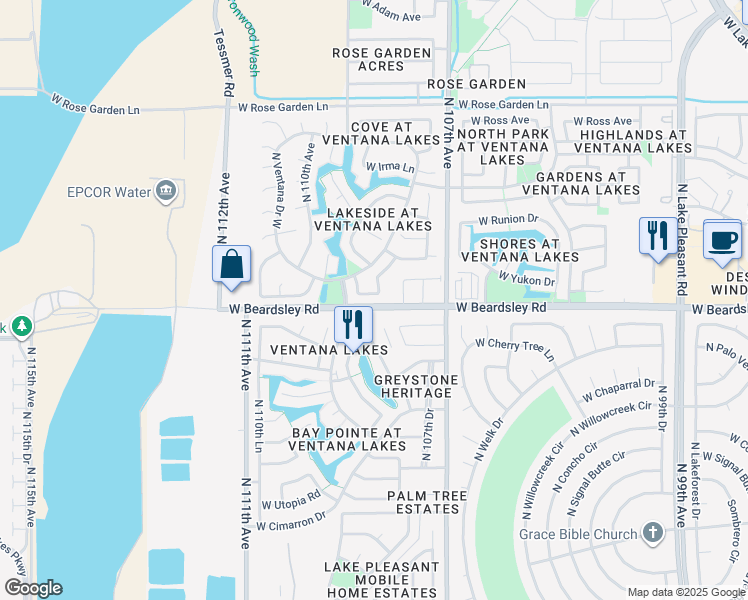 map of restaurants, bars, coffee shops, grocery stores, and more near 20327 North 108th Lane in Sun City
