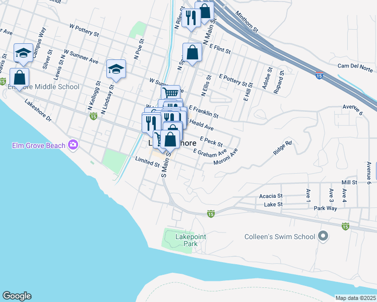 map of restaurants, bars, coffee shops, grocery stores, and more near 200 East Graham Avenue in Lake Elsinore