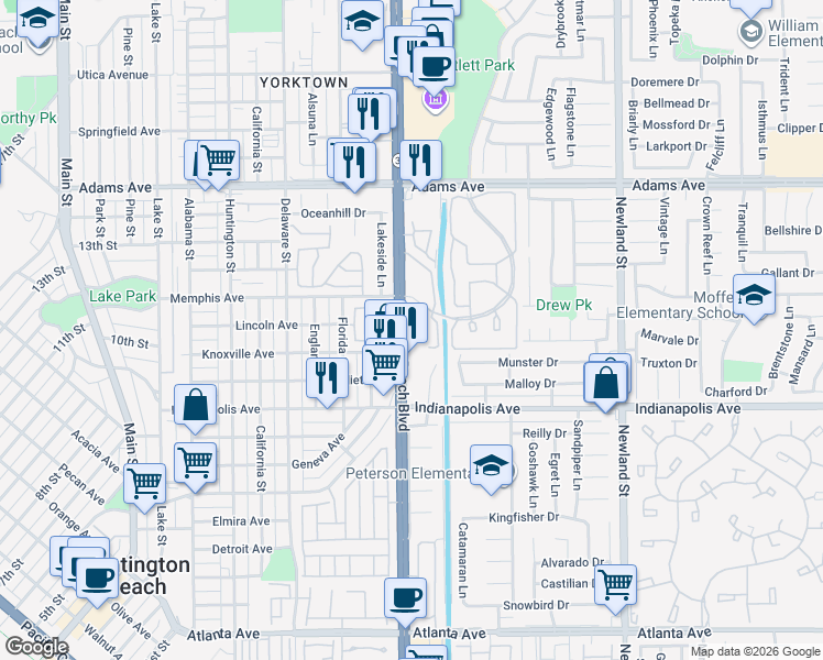 map of restaurants, bars, coffee shops, grocery stores, and more near 20341 Bluffside Circle in Huntington Beach