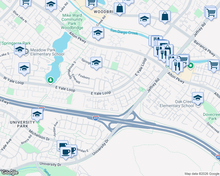 map of restaurants, bars, coffee shops, grocery stores, and more near 207 Fallingstar in Irvine