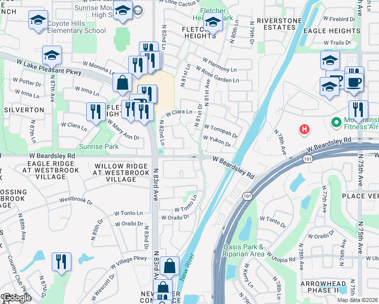 map of restaurants, bars, coffee shops, grocery stores, and more near 8153 West Pontiac Drive in Peoria