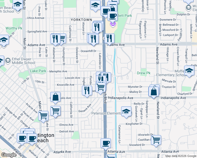 map of restaurants, bars, coffee shops, grocery stores, and more near 1142 Pacific Cove Lane in Huntington Beach