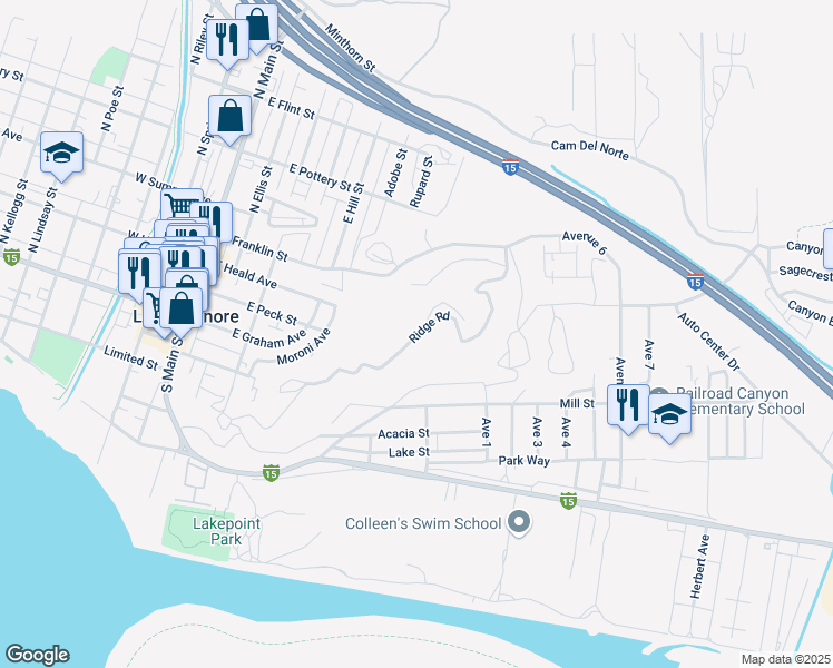 map of restaurants, bars, coffee shops, grocery stores, and more near Ridge Road in Lake Elsinore