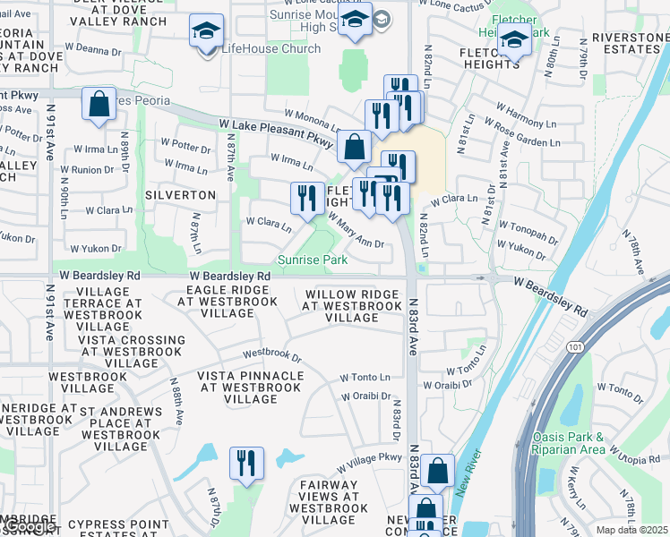 map of restaurants, bars, coffee shops, grocery stores, and more near 20206 North 84th Avenue in Peoria