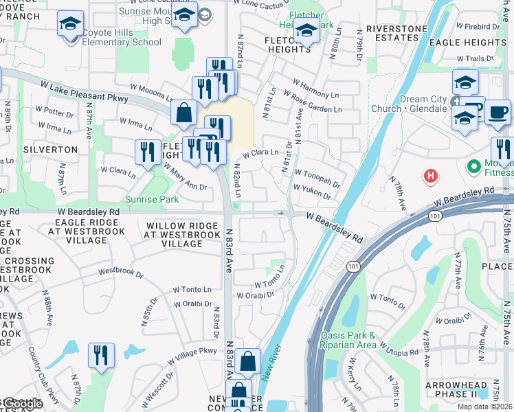 map of restaurants, bars, coffee shops, grocery stores, and more near 8189 West Pontiac Drive in Peoria