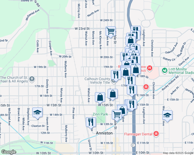 map of restaurants, bars, coffee shops, grocery stores, and more near 130 West 18th Street in Anniston