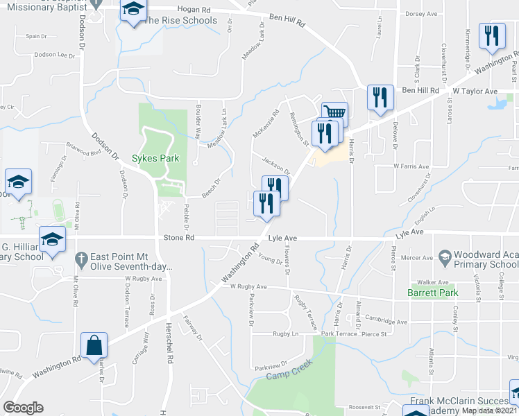 map of restaurants, bars, coffee shops, grocery stores, and more near 3259 Washington Road in Atlanta