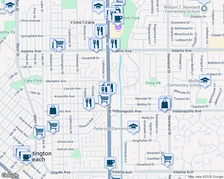 map of restaurants, bars, coffee shops, grocery stores, and more near 20341 Bluffside Circle in Huntington Beach