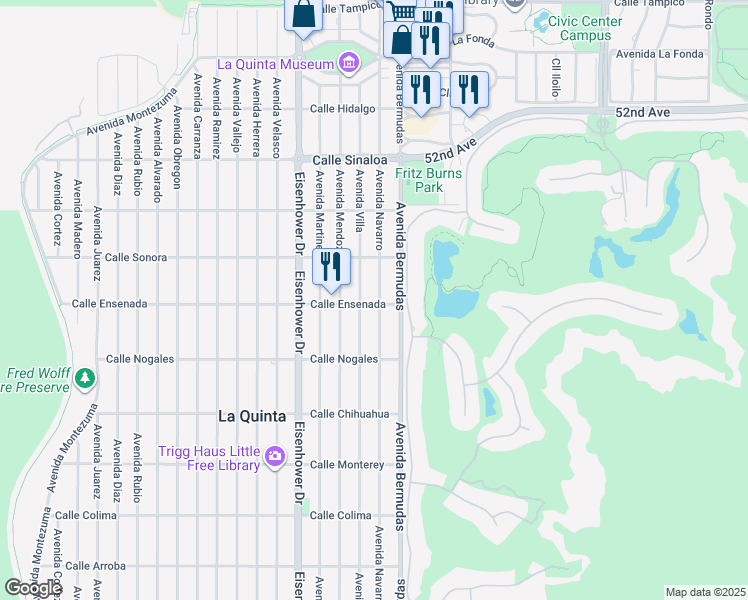 map of restaurants, bars, coffee shops, grocery stores, and more near 52485 Avenida Navarro in La Quinta