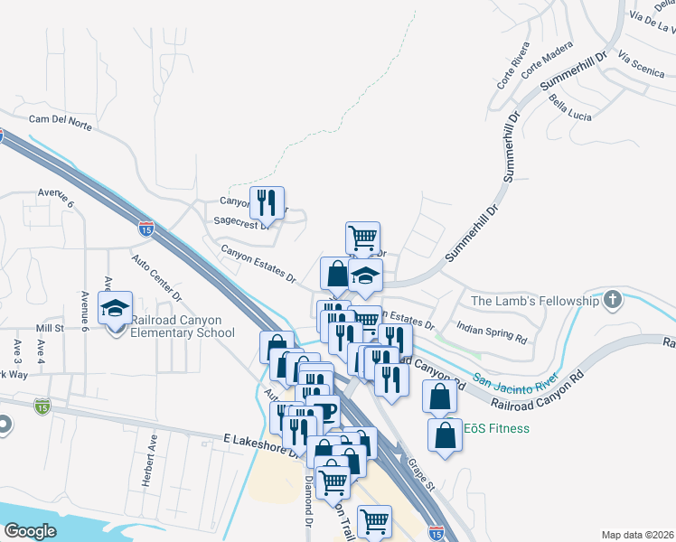 map of restaurants, bars, coffee shops, grocery stores, and more near 31611 Saddle Ridge Drive in Lake Elsinore