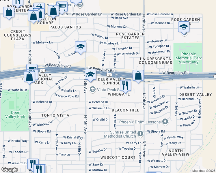 map of restaurants, bars, coffee shops, grocery stores, and more near 1308 West Wahalla Lane in Phoenix