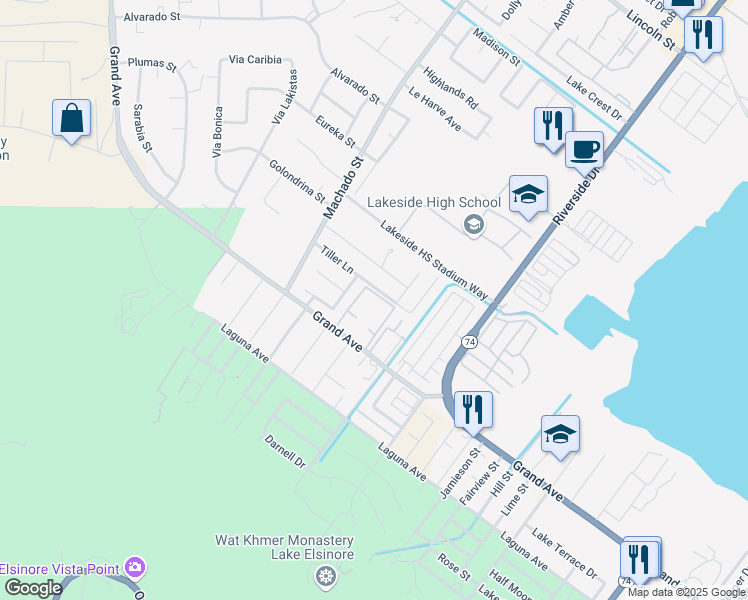 map of restaurants, bars, coffee shops, grocery stores, and more near 15130 Grand Avenue in Lake Elsinore