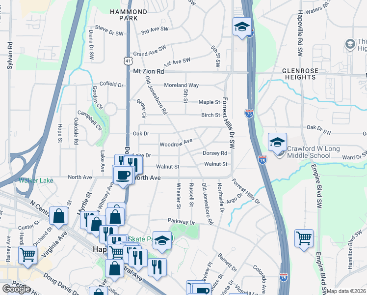 map of restaurants, bars, coffee shops, grocery stores, and more near 3251 Old Jonesboro Road in Hapeville