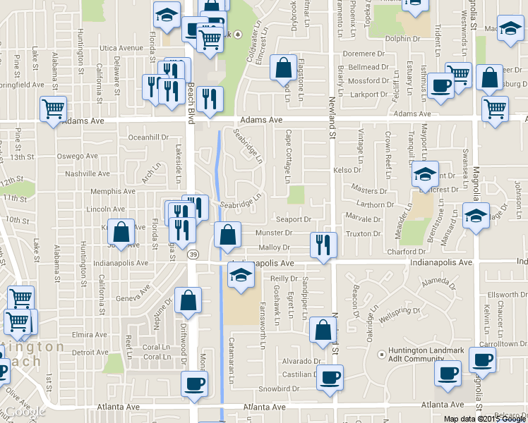 map of restaurants, bars, coffee shops, grocery stores, and more near 20325 Seabright Lane in Huntington Beach