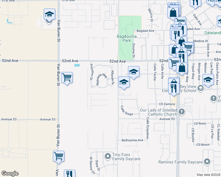 map of restaurants, bars, coffee shops, grocery stores, and more near 52171 Allende Drive in Coachella
