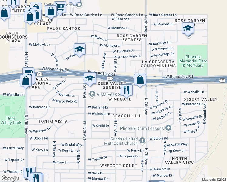 map of restaurants, bars, coffee shops, grocery stores, and more near 1308 West Wahalla Lane in Phoenix