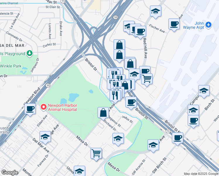 map of restaurants, bars, coffee shops, grocery stores, and more near 1330 Bristol Street in Newport Beach