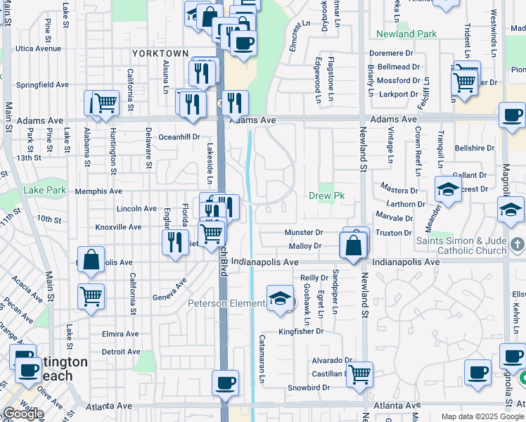 map of restaurants, bars, coffee shops, grocery stores, and more near 20331 Portview Circle in Huntington Beach