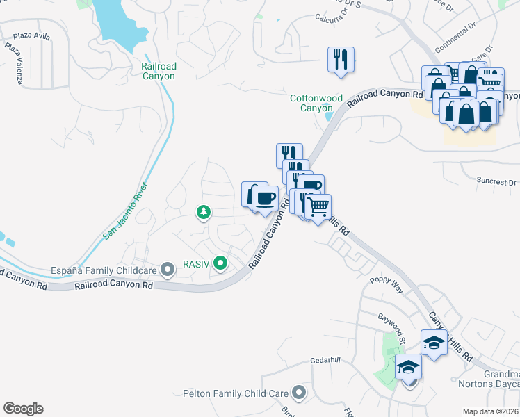map of restaurants, bars, coffee shops, grocery stores, and more near 25341 Railroad Canyon Road in Lake Elsinore