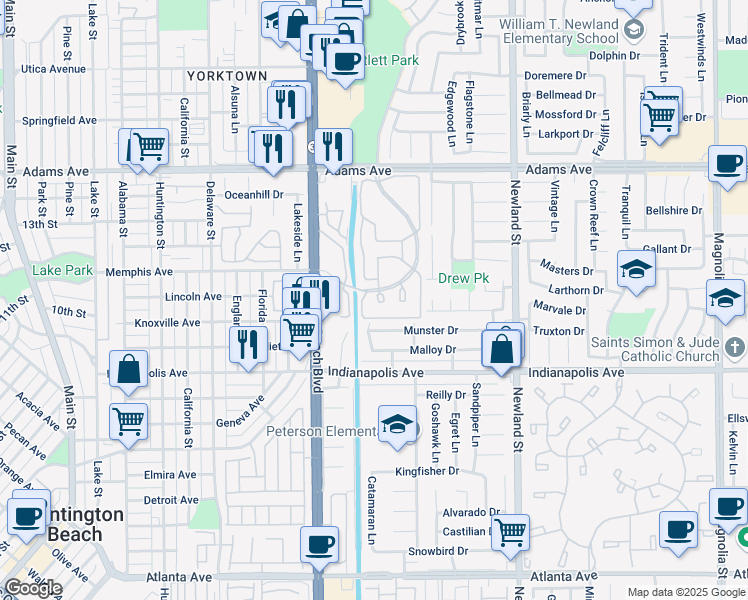 map of restaurants, bars, coffee shops, grocery stores, and more near 20331 Portview Circle in Huntington Beach