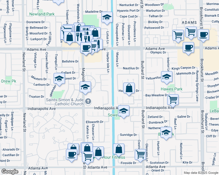 map of restaurants, bars, coffee shops, grocery stores, and more near 9212 Paddock Circle in Huntington Beach