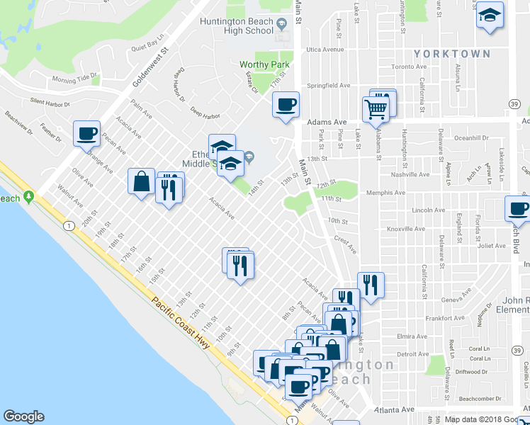 map of restaurants, bars, coffee shops, grocery stores, and more near 1220 Palm Avenue in Huntington Beach