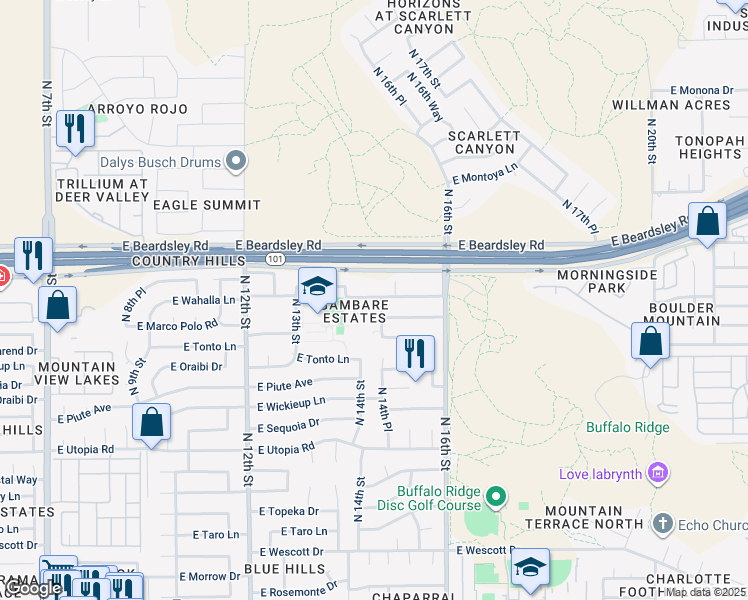 map of restaurants, bars, coffee shops, grocery stores, and more near 19844 North 14th Place in Phoenix