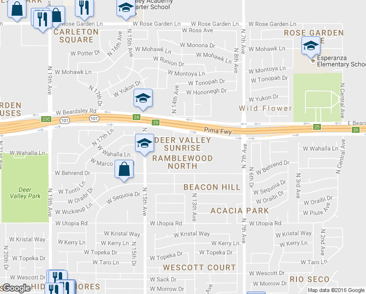 map of restaurants, bars, coffee shops, grocery stores, and more near 1308 West Wahalla Lane in Phoenix